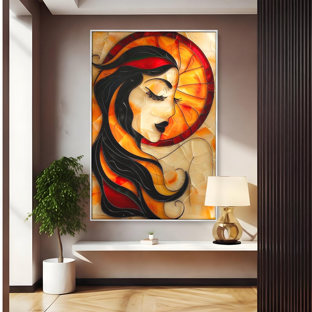 Tablou canvas cu tablou canvas cu profil de femeie stil vitraliu, in rama de aluminiu argintiu